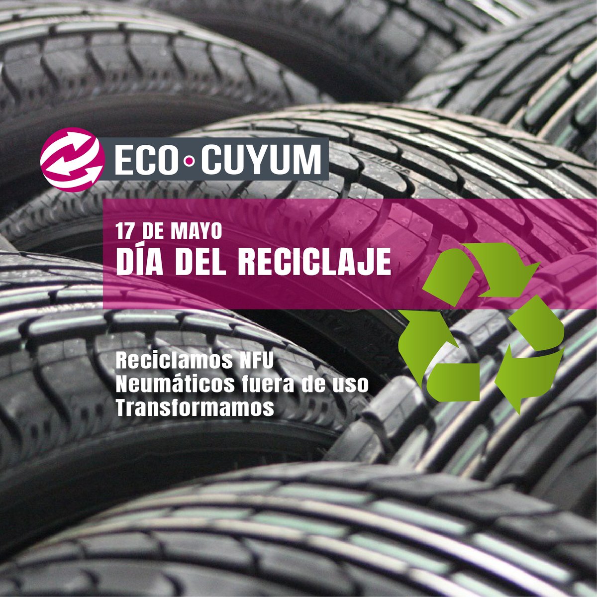 ECuyum's tweet photo. ♻️🌎17 de mayo - Día Mundial del Reciclaje - En ECO CUYUM, nos ocupamos del reciclaje como principal tarea, RECICLANDO, TRANSFORMANDO Y PRODUCIENDO a partir de NFU - neumáticos fuera de uso- Haciendo de nuestra actividad economía circular que es importante para toda la región. https://t.co/X6aGRO8F9Q