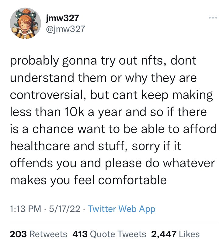 xBenJamminx's tweet image. 📖A short story:

A popular artist making $10k a year tries out NFTs, in opposition to many of their followers

Immediately receives multiple $30k bids on their art

NFTs can change lives!