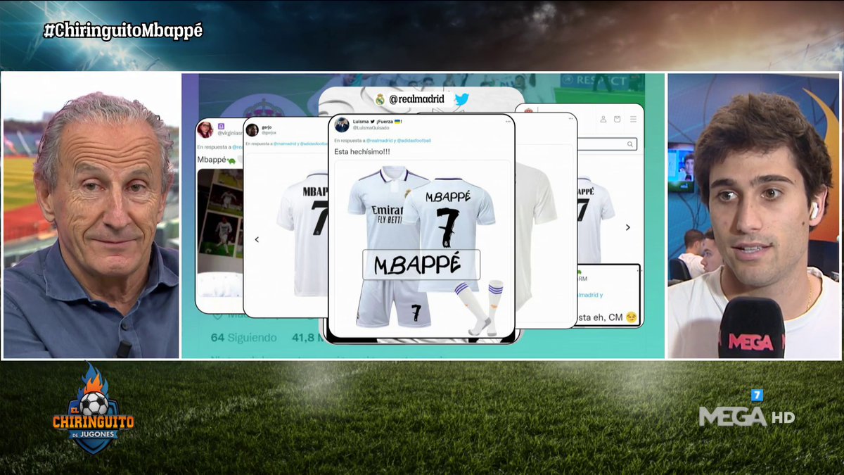 elchiringuitotv's tweet photo. 🤯MBAPPÉ, MBAPPÉ, MBAPPÉ🤯

💻El Real Madrid incendia las redes con su pregunta:

👕¿Qué nombre llevará vuestra nueva camiseta?👕

👉Nos lo está enseñando @inakivdl en #ChiringuitoMbappé. https://t.co/CJ3nJ4SU54