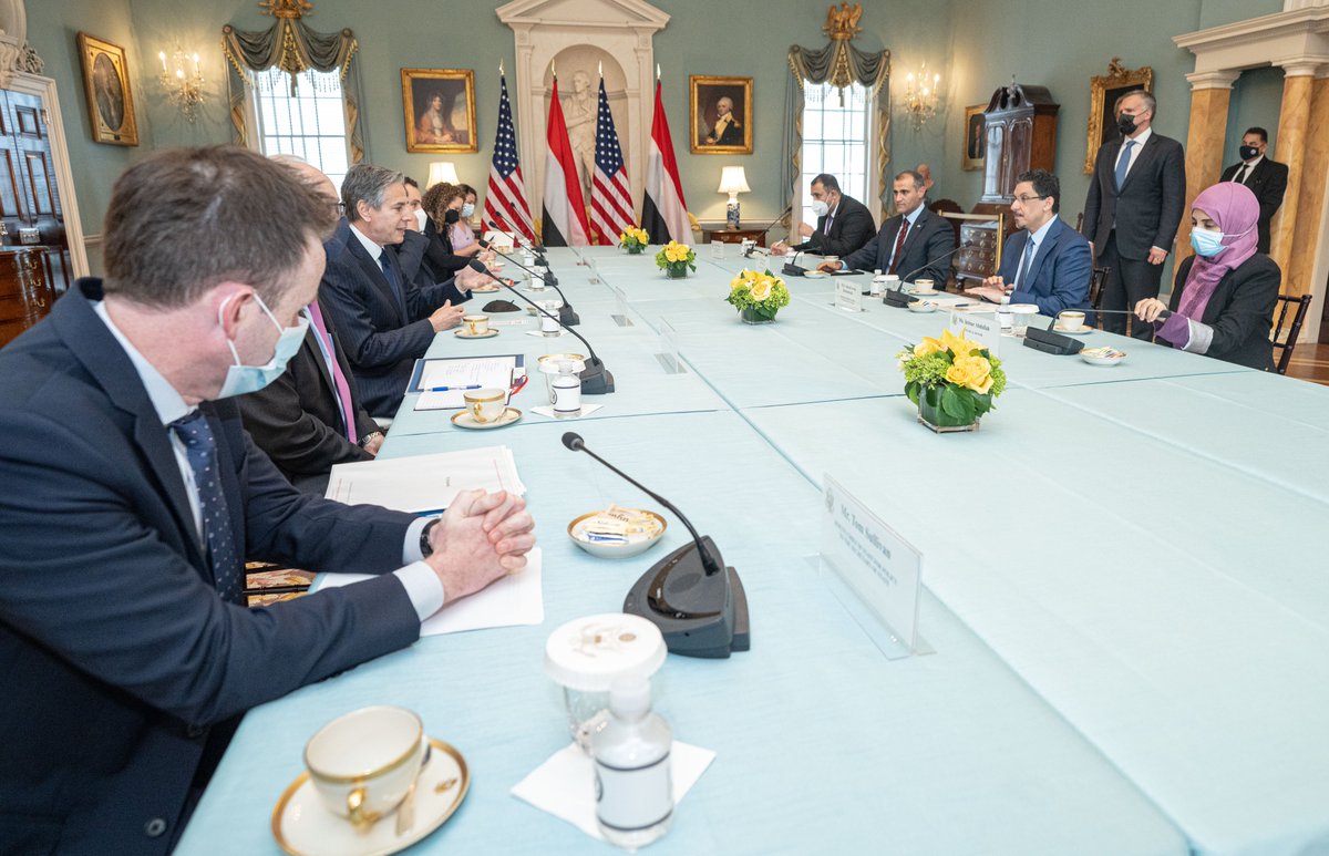 SecBlinken's tweet photo. Special Envoy for Yemen Lenderking and I met with Yemeni Foreign Minister @BinmubarakAhmed today. We reiterated U.S. commitment to ending the Yemen conflict and thanked Bin Mubarak for facilitating the first commercial flight from Sana’a since 2016, offering much needed relief. https://t.co/pZHsG6XkGp