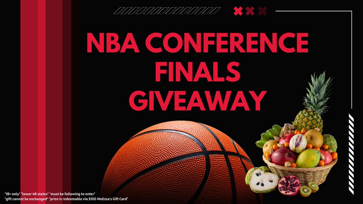 MelissasProduce's tweet photo. #NBAConferenceFinals begin TONIGHT!

East: @celtics vs @MiamiHEAT
West: @warriors vs @dallasmavs

Enter our #giveaway below! ⬇️
🏀 Follow @MelissasProduce
🏀 RT &amp; like this post
🏀 Tag a friend &amp; predict the @NBA finals matchup

#CelticPride #HEATCulture 
#DubNation #dALLasIN https://t.co/VvU5cPlmKh