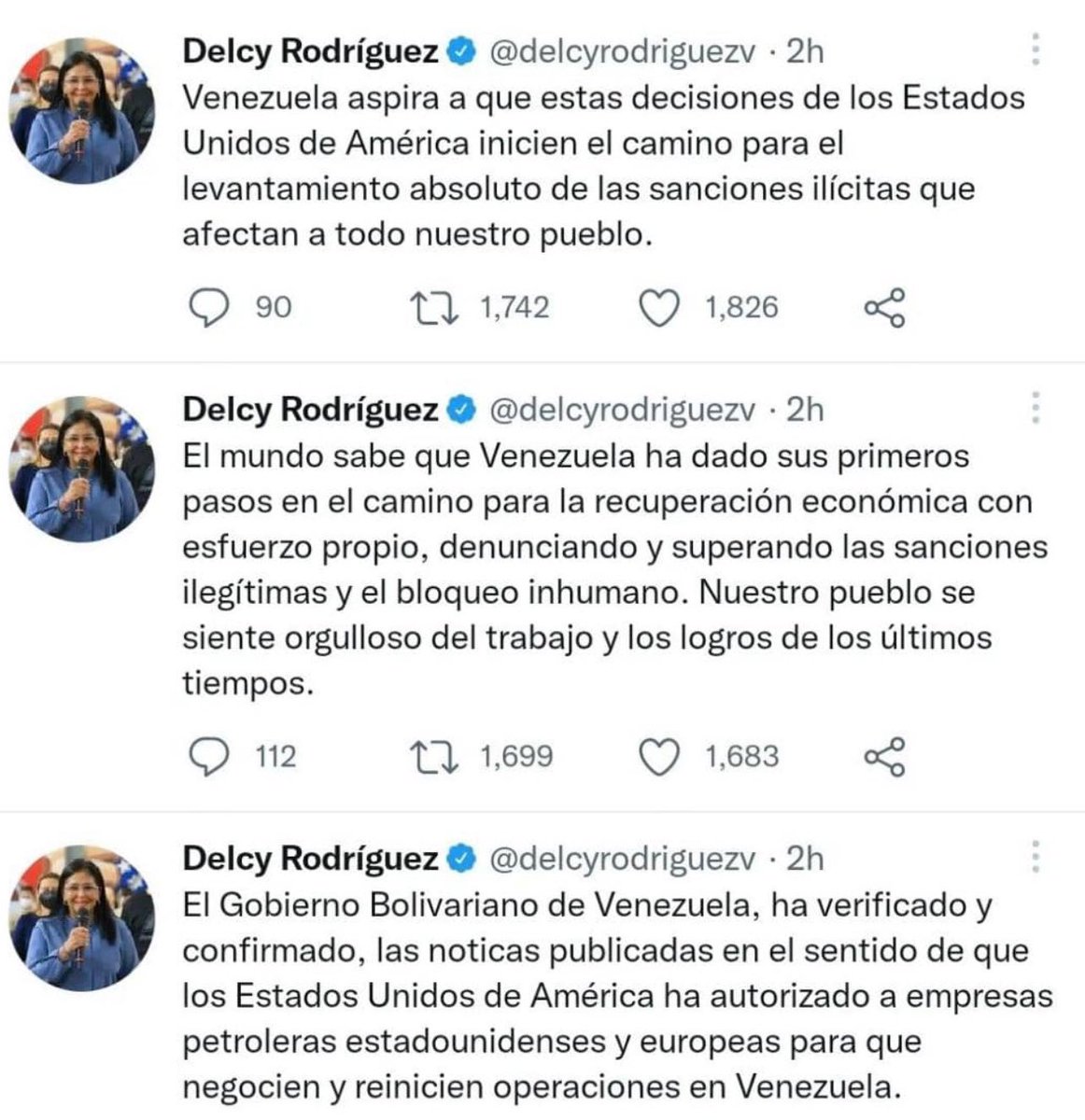 Ante el anuncio de EEUU de autorizar transacciones comerciales en petróleo con empresas norteamericanas y europeas, felicito la sabia conducción de este barco de de la Revolución por del Pdte. @nicolasmaduro y por la resistencia de un pueblo que nunca se ha rendido. ¡Venceremos!