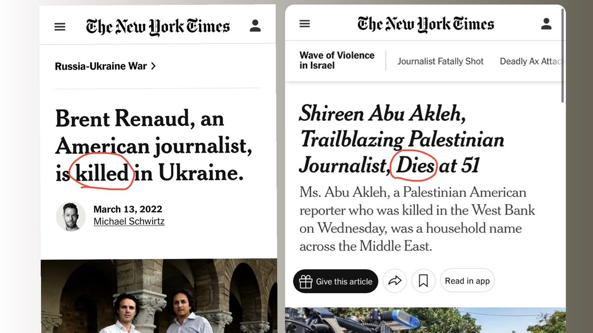 richimedhurst's tweet photo. “Killed in Ukraine�� vs “dies at 51”

The NYT left out that Shireen was killed in occupied Palestine while covering an Israeli raid on Jenin. She was also American but all of this is left out. Criticizing Israel is impermissible. https://t.co/TQcT1gZeil