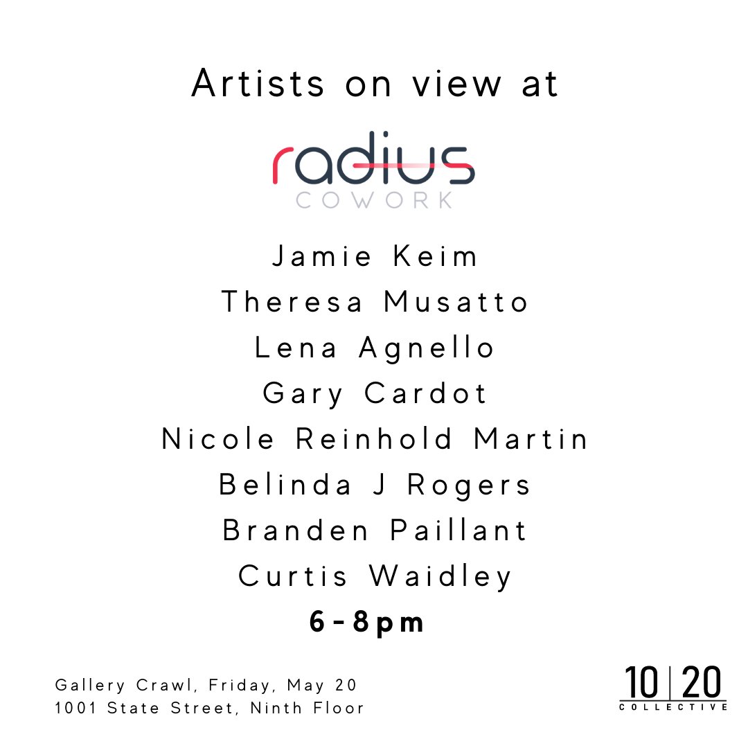 1020_Collective's tweet photo. Friday May 20th, 6pm,
Join 1020 x Radius CoWork for our Gallery Crawl! 
Scroll right to see all that we're offering between the two spaces.

$5 entry fee at both spaces

We are excited to partner for another Gallery Crawl with Art at both spaces curated by 1020 https://t.co/Zqm7J6NLsM