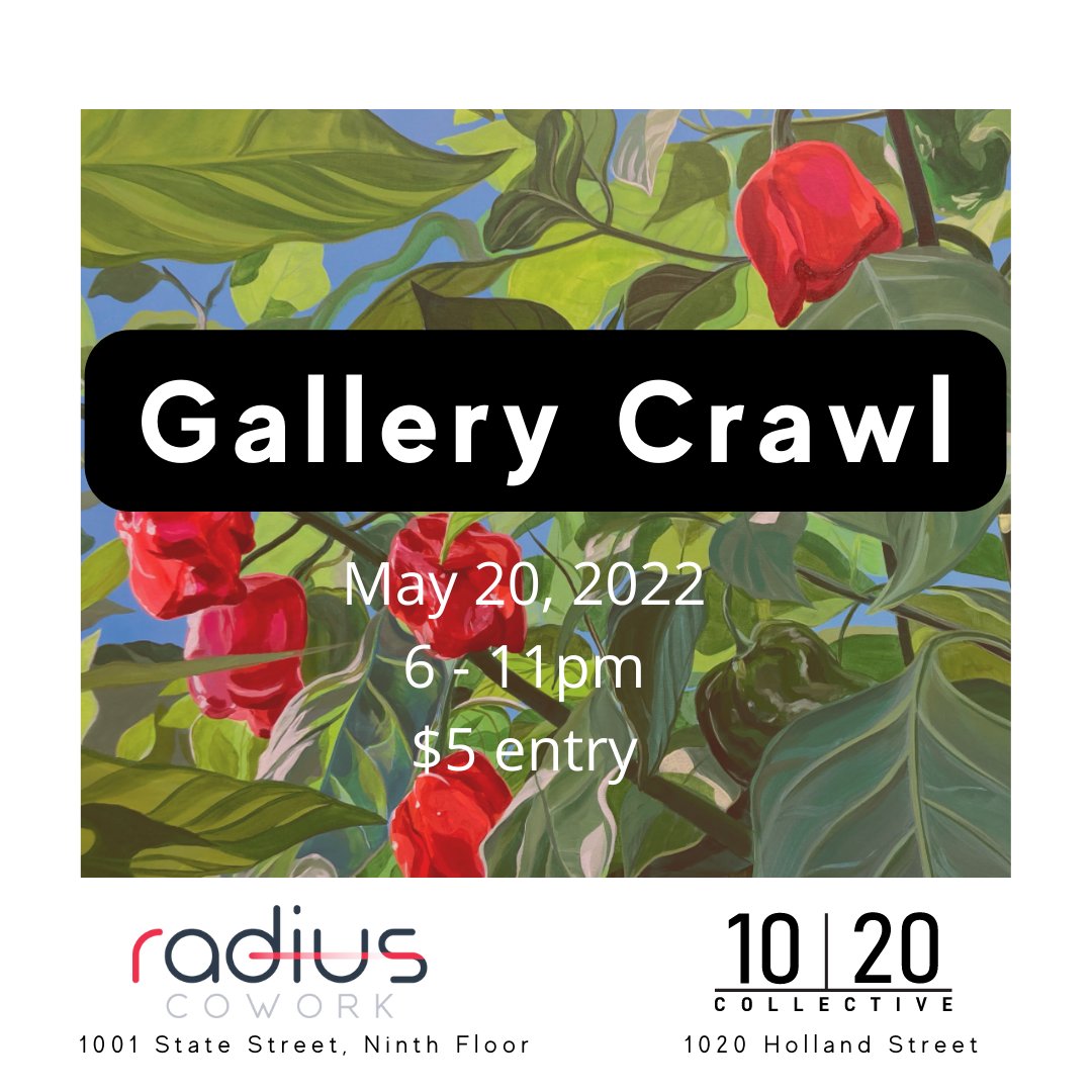 1020_Collective's tweet photo. Friday May 20th, 6pm,
Join 1020 x Radius CoWork for our Gallery Crawl! 
Scroll right to see all that we're offering between the two spaces.

$5 entry fee at both spaces

We are excited to partner for another Gallery Crawl with Art at both spaces curated by 1020 https://t.co/Zqm7J6NLsM