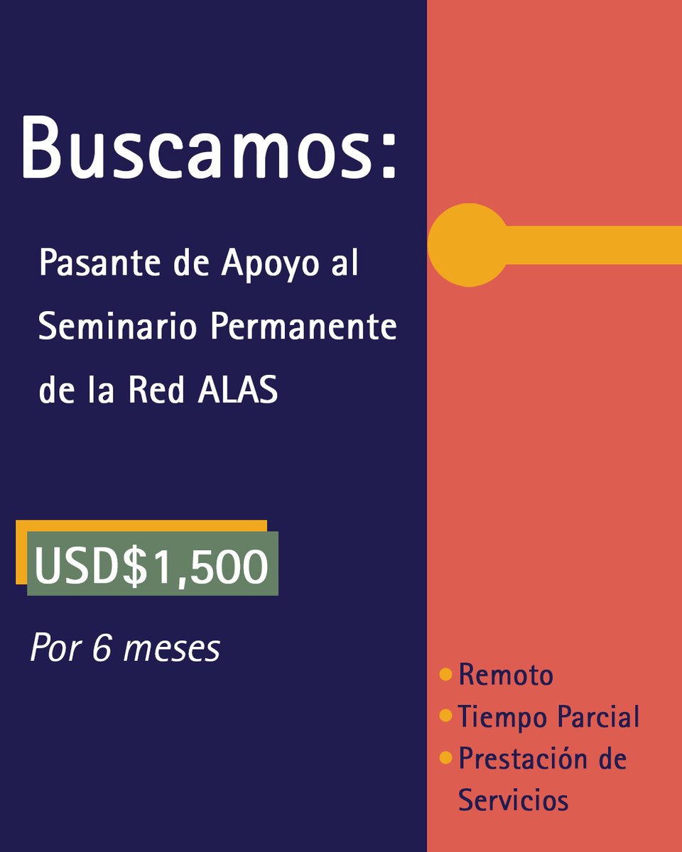 RedAlasGenero's tweet photo. Buscamos #pasante de apoyo al Seminario Permanente de la Red de Académicas/os Latinoamericanas/os del Derecho (Red ALAS). Trabajo remunerado.

#TrabajoSiHay #BuscoTrabajo 

Conoce acá toda la información de la convocatoria 👉 https://t.co/gNJhIE0vFc

📆 Fecha límite 30/05/2022 https://t.co/APBG0waOLp