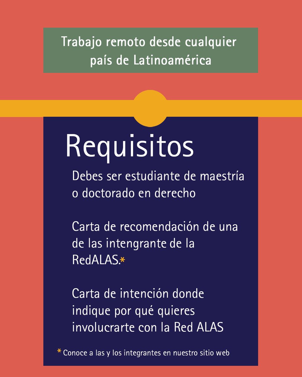 RedAlasGenero's tweet photo. Buscamos #pasante de apoyo al Seminario Permanente de la Red de Académicas/os Latinoamericanas/os del Derecho (Red ALAS). Trabajo remunerado.

#TrabajoSiHay #BuscoTrabajo 

Conoce acá toda la información de la convocatoria 👉 https://t.co/gNJhIE0vFc

📆 Fecha límite 30/05/2022 https://t.co/APBG0waOLp