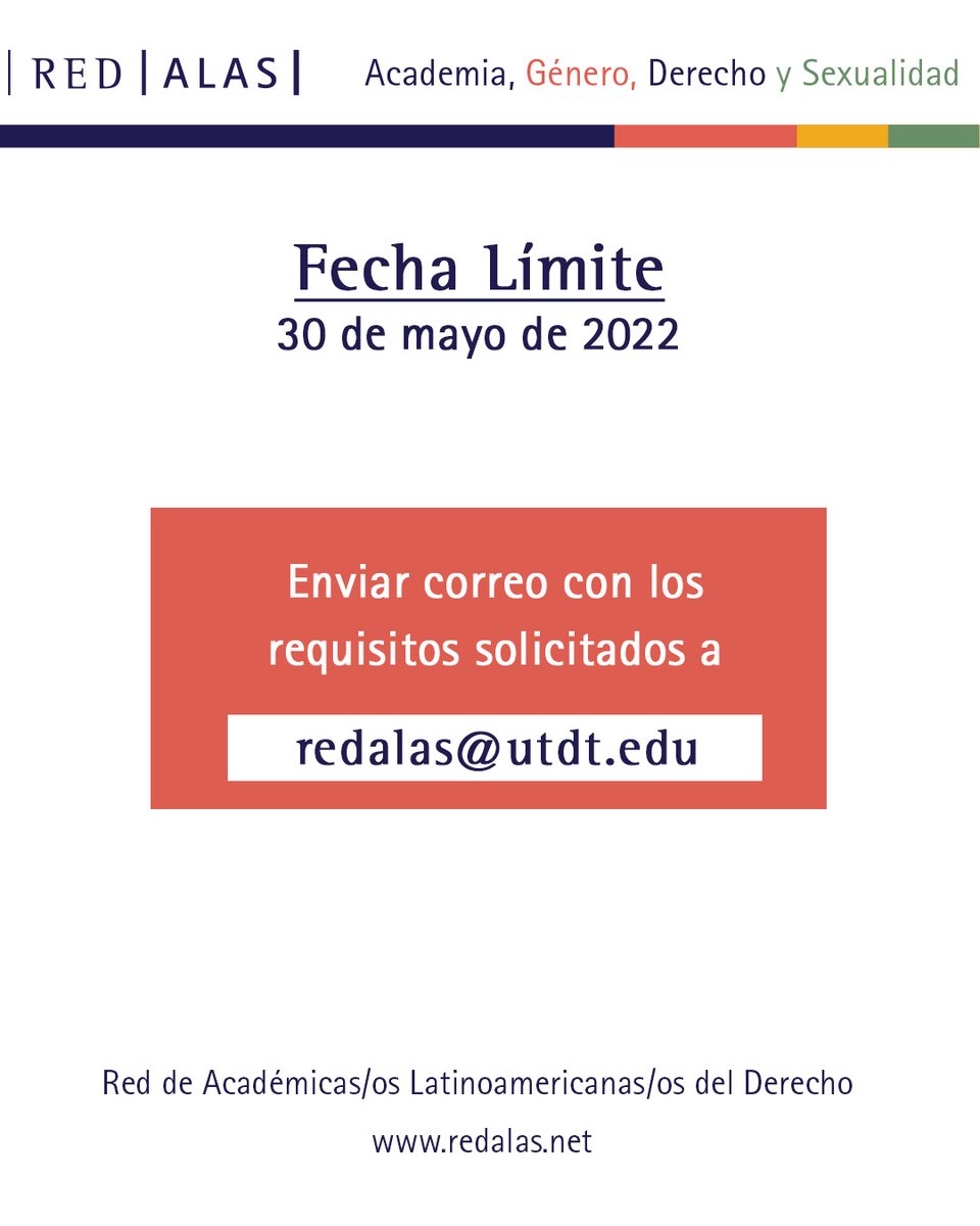 Buscamos #pasante de apoyo al Seminario Permanente de la Red de Académicas/os Latinoamericanas/os del Derecho (Red ALAS). Trabajo remunerado.

#TrabajoSiHay #BuscoTrabajo 

Conoce acá toda la información de la convocatoria 👉 bit.ly/3NnShYu

📆 Fecha límite 30/05/2022
