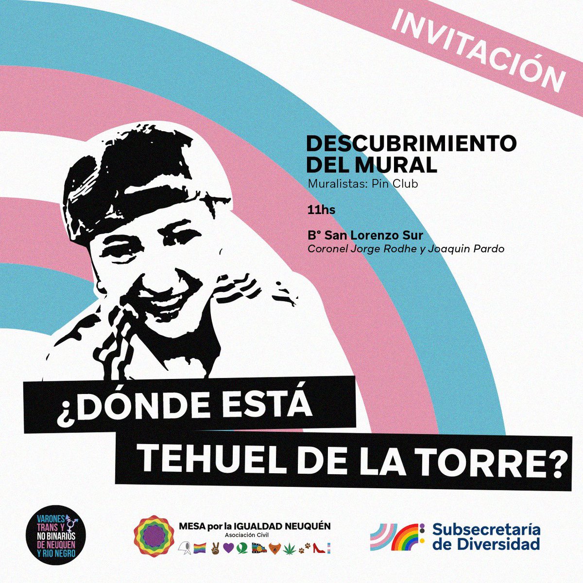 AdrianUrrutia0k's tweet photo. Hoy desde la @SubseDiversidad junto a @BenjaminGenova referente de @VaronesTrans y Fran Sfeir de Masculinidades Trans de la Mesa por la Igualdad Neuquén @MesaIgualdadNqn descrubrimos un mural visibilizando que queremos saber #DondeEstaTehuel 🏳️‍⚧️ https://t.co/yzxijBHNX1