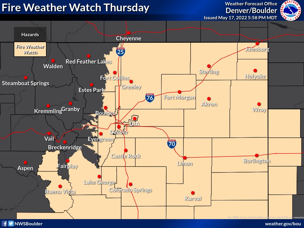 NWSBoulder's tweet image. The end of this week will see active weather with a classic Colorado "fire🔥 and ice❄" forecast. Thursday will be hot, dry, and windy with fire weather concerns. (first 2 images) Then, a near record cold airmass will arrive Friday bringing a chance of snow. (last 2 images) #COwx