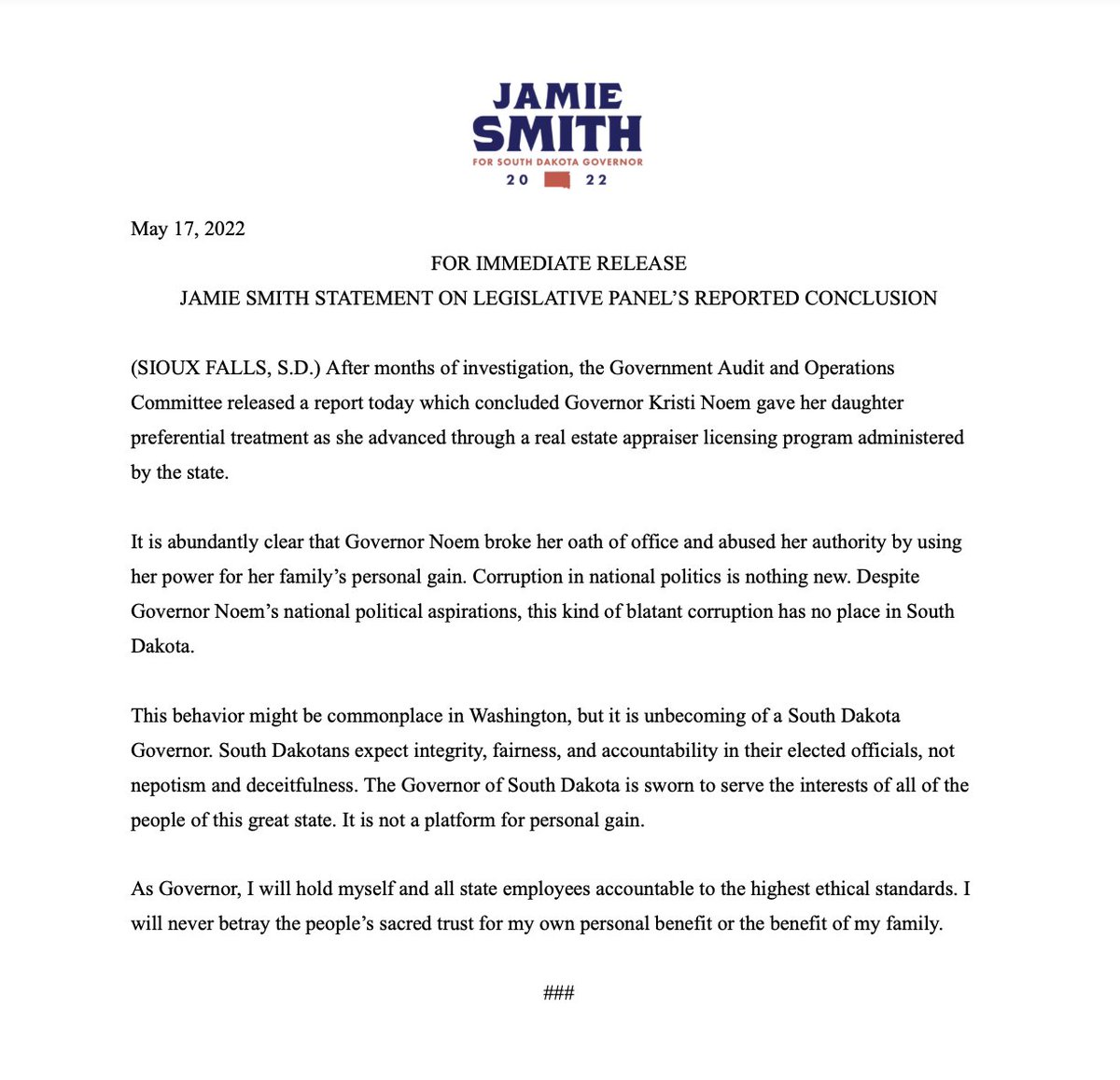 JamieSmith_SD's tweet photo. Here is my statement on today's report on Governor Noem's egregious abuse of her power. 

If you're tired of corruption in Pierre like I am, help me win this race. Donate $10, $25, $50 or whatever you can give: https://t.co/cSbDD9t27r https://t.co/gHPiYeSPZa