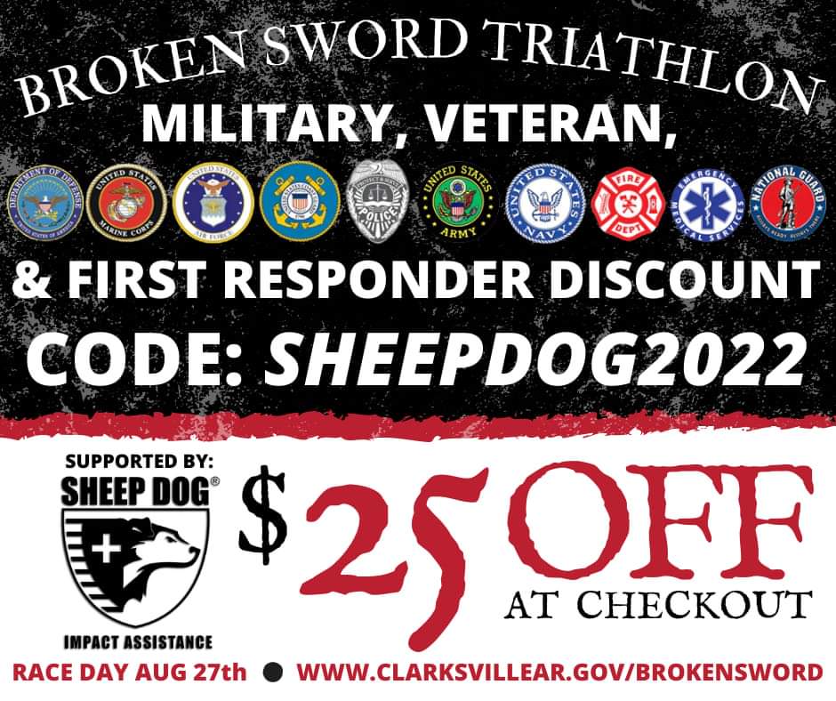 ClarksvilleArk's tweet photo. Broken Sword Triathlon update:

We're celebrating #PoliceWeek #armedforcesday #MemorialDay with Sheepdog Impact Assistance - Central AR to thank all Active Duty, Veterans, and First Responders now thru Memorial Day!
Learn more: https://t.co/aSUhzqnry7
#Triathlon #Arkansas https://t.co/SXYaygguaM