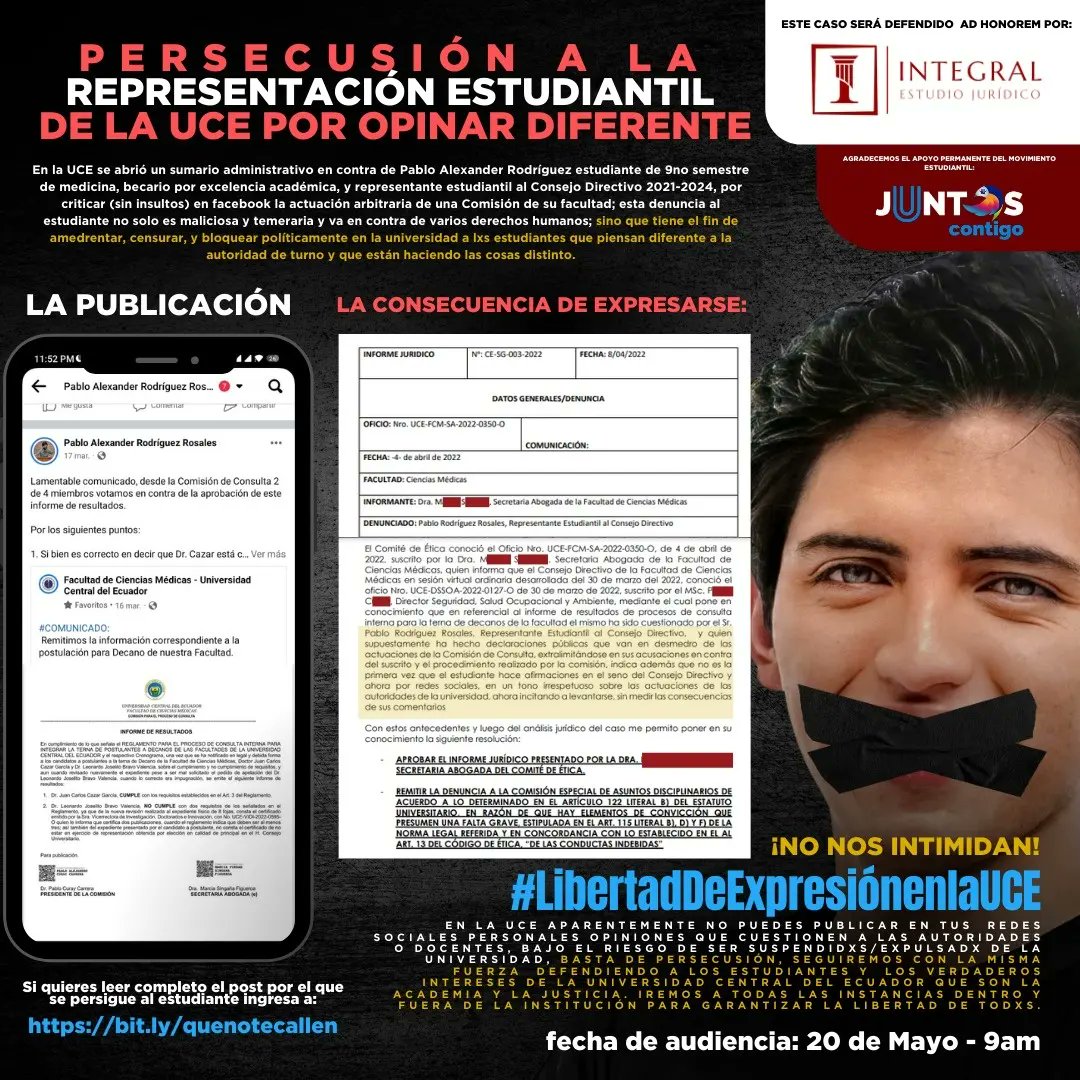pablocentralino's tweet photo. Hola a todxs, soy Pablo A. Rodríguez, estudiante de 9no semestre de medicina UCE, becario por excelencia académica, y actualmente perseguido por autoridades de @lacentralec por criticar en mi facebook personal el accionar de las autoridades/docentes. #LibertadDeExpresiónenlaUCE https://t.co/9rsabul4aZ