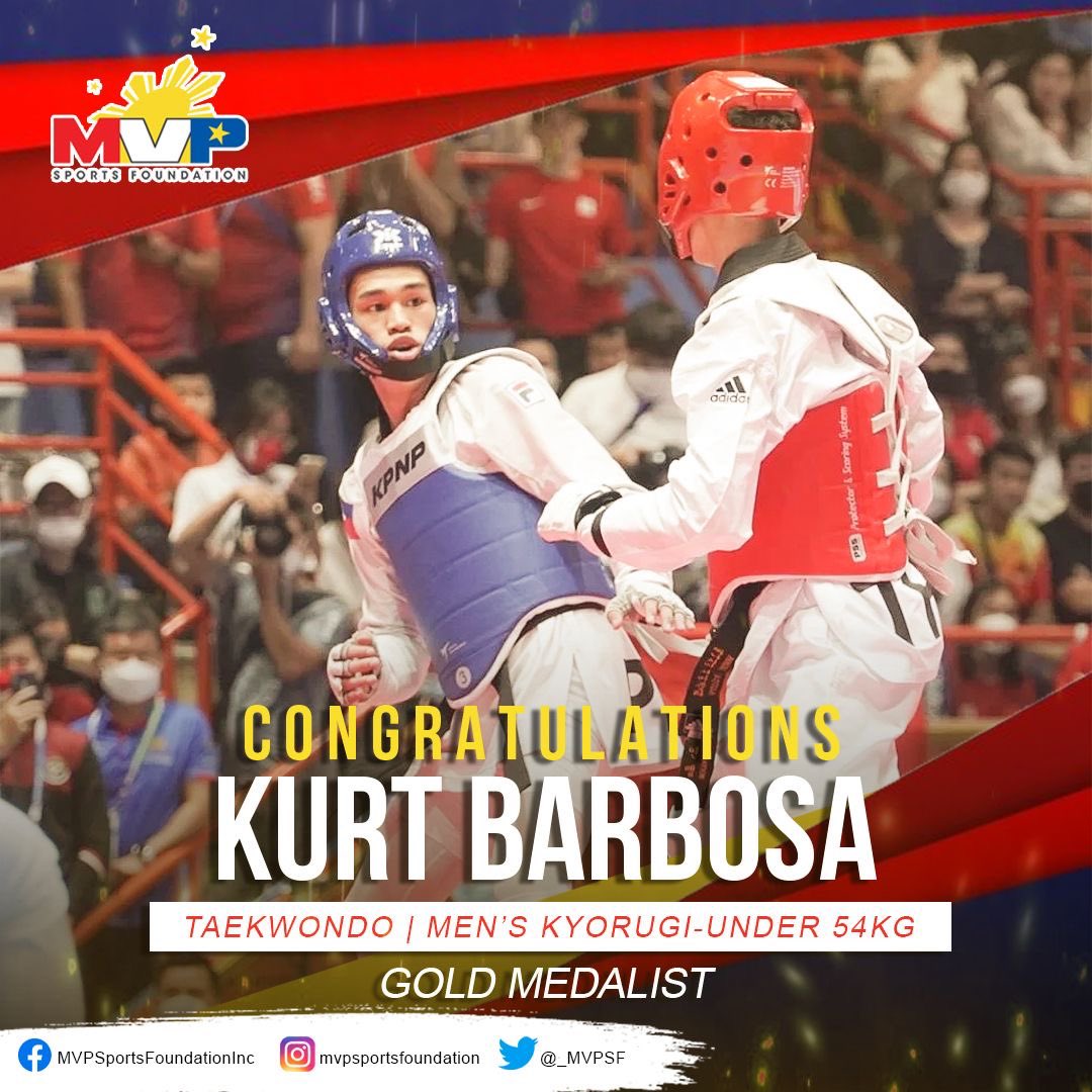 mvpsfph's tweet photo. Another 🥇 from Philippine Taekwondo Association!
Filipino jin Kurt Barbosa bags a gold medal in men’s -54kg kyorugi in the 31st SEA Games. 💪💯🥋
Follow us on our social media handles! IG/FB/Twitter👉🏼 mvpsfph
#MVPSF
#ParaSaAtleta
#TungoSaGinto
#Husay https://t.co/rXd40cdeBl