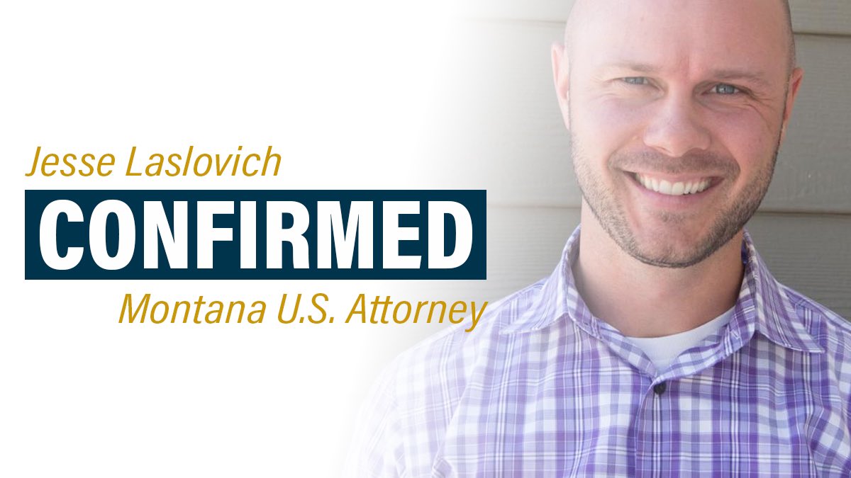 Good news: Jesse Laslovich was just unanimously confirmed by the Senate to serve as Montana's U.S. Attorney.

Jesse is a lifelong Montanan who will root out corruption and defend our local communities.