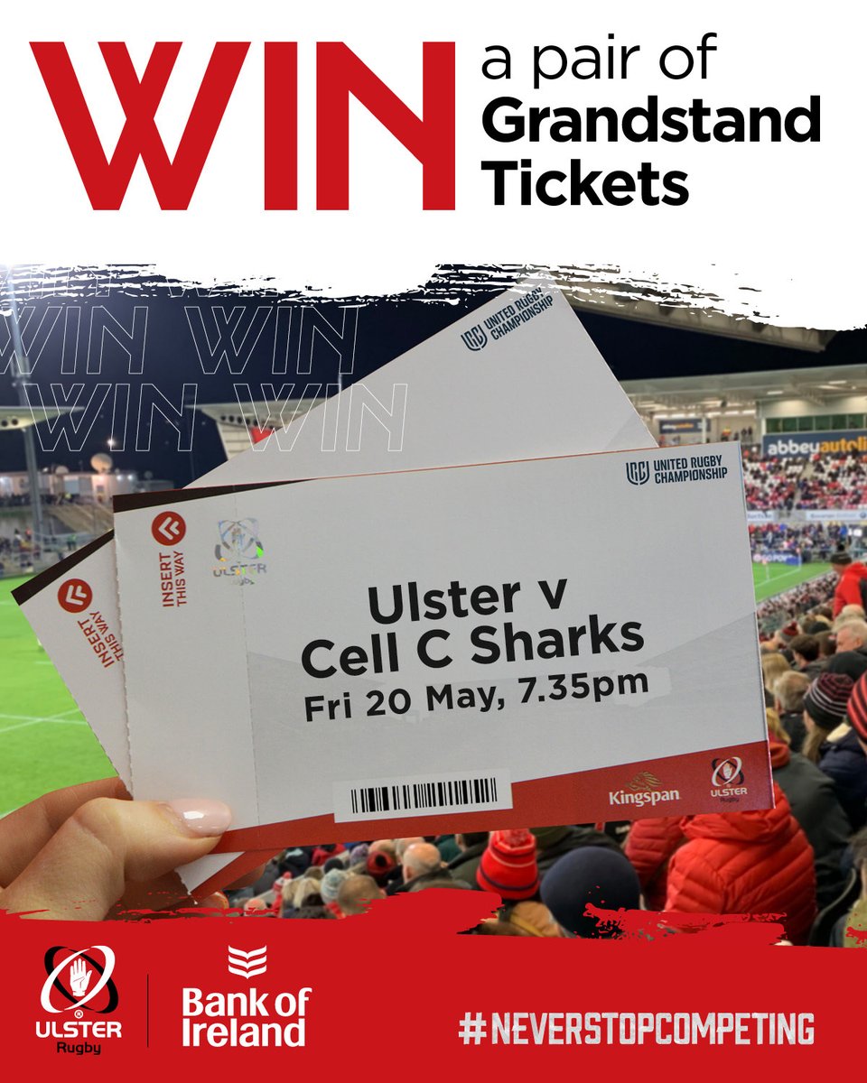 🎟TICKET GIVEAWAY🎟
 
WIN 2x Grandstand tickets for Ulster v Cell C Sharks this Friday night at Kingspan Stadium courtesy of <a href="/bankofireland/">Bank of Ireland</a> 🙌

Just follow the 2 steps:
1️⃣ ❤️ &amp; RT this tweet
2️⃣ Follow <a href="/UlsterRugby/">Ulster Rugby</a>

The winner will be contacted tomorrow at 5pm. #NeverStopCompeting