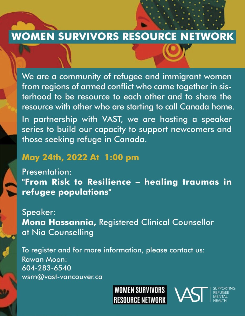 VAST_BC's tweet photo. Join us on Tuesday, May 24th at 1:00PM for this month's speaker, Mona Hassannia, who will be speaking on trauma and healing among refugees. We sincerely hope you can make it.

To register and for more info, please contact Rawan Moon:
wsrn@vast-vancouver.ca
604-283-6540 https://t.co/nI8Q3cRMZq