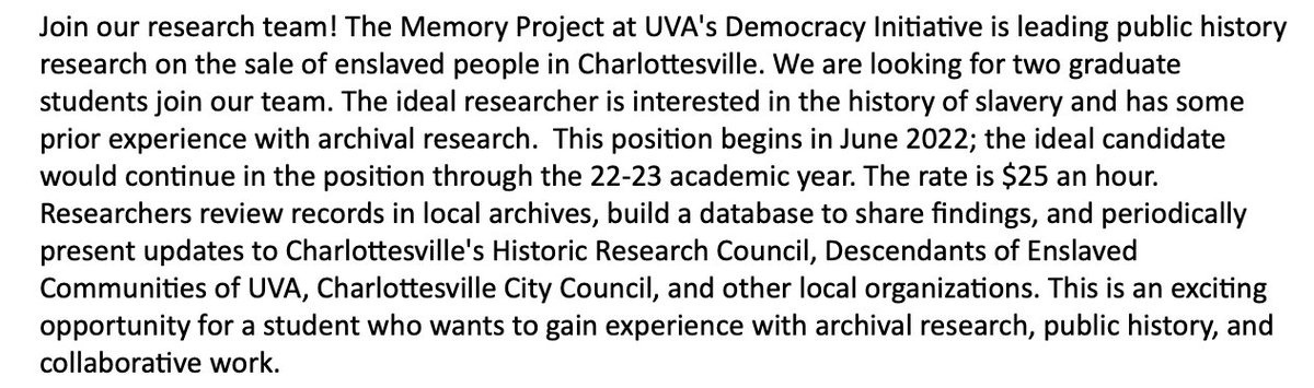 MemProjectUVA's tweet photo. The Memory Project is hiring! We're looking for UVA grad students to join our research team investigating history of slavery in Charlottesville. $25/hour starting this summer and ideally through the 2022-23 academic year. Apply now: https://t.co/qLJTtSXlPI https://t.co/gEQv3wPl1u