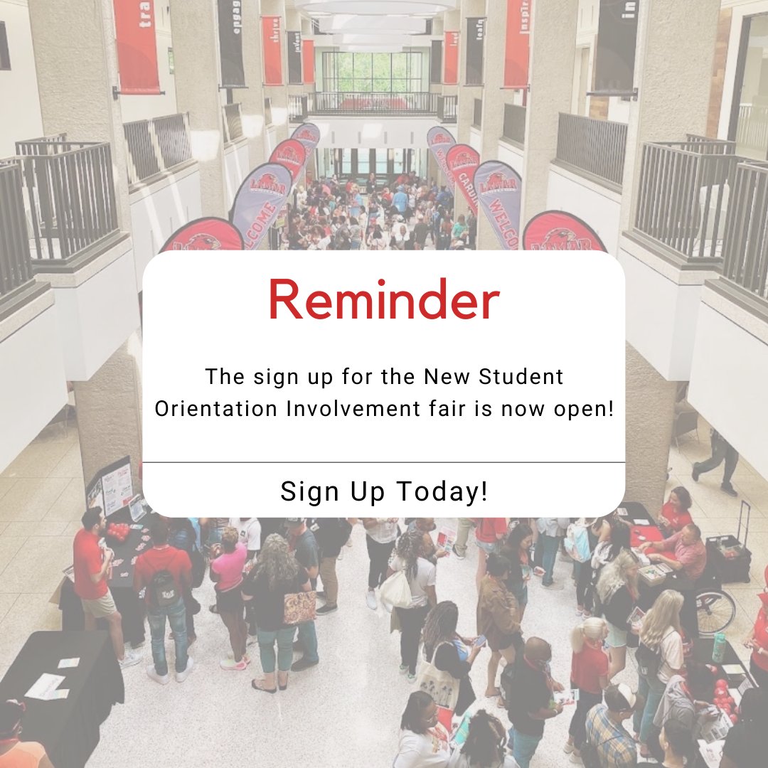 Calling all Student Orgs! Sign your organization up today for the Orientation Org Fair!! The deadline is fast approaching. This is a great way to recruit new members and showcase your org. lamar.edu/orientation