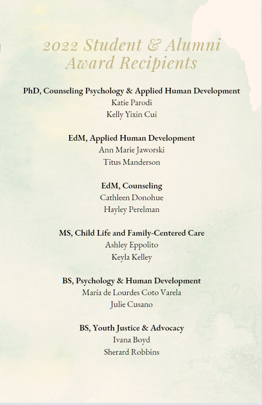 CPAHD_BU's tweet photo. Congratulations to this year's CPAHD Outstanding Student &amp; Alumni Award recipients! https://t.co/1Z6mx4QAEs