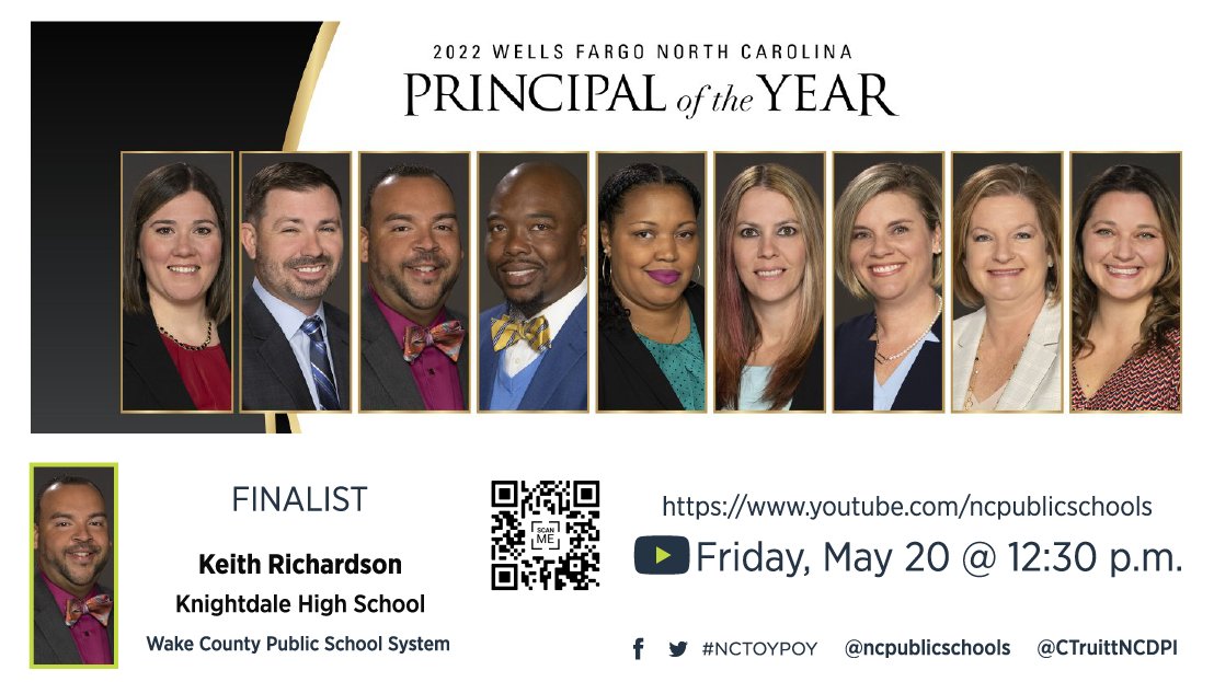 2022 NC Principal of the Year will be livestreamed on Friday 5/20 at 12:30. Let's congratulate and honor all the finalists, with a special congratulations to WCPSS Principal Keith Richardson <a href="/KHSCDPrincipal/">Keith Richardson</a> from <a href="/KnightdaleHS/">Knightdale High</a>. #NCTOYPOY

Learn More: bit.ly/2022-NC-POY-CE…