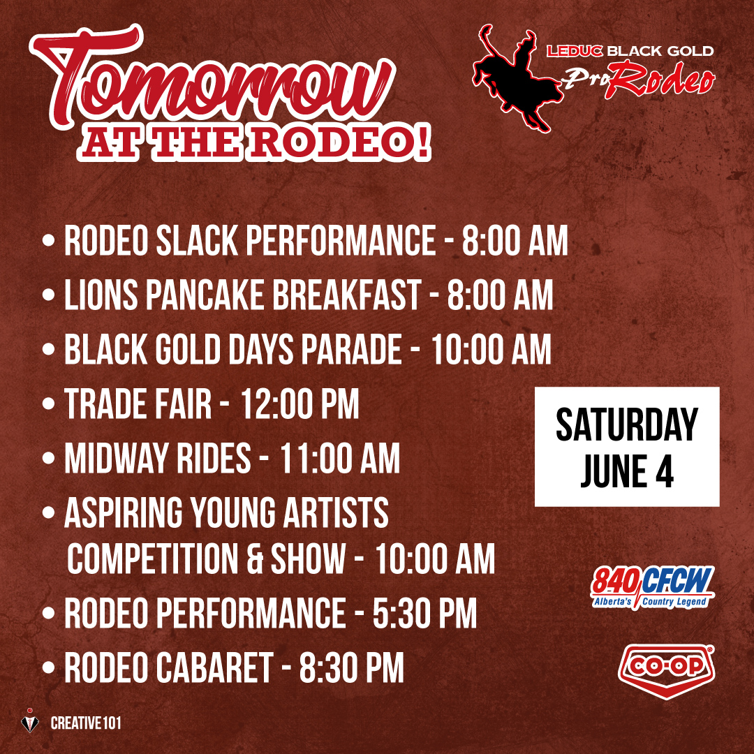 Don't miss all the fun Tomorrow at the Rodeo! 🤠 There'll be pancakes, a parade and lots of rodeo action! Visit our website for all the details. 👍👍

#LeducBlackGoldRodeo #LeducRodeo #SupportLeduc #LeducBlackGoldRodeoEvents #LeducBlackGoldRodeo2022 #LeducEvents