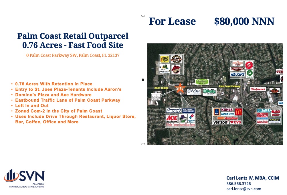 SVNAlliance's tweet photo. For Lease - 
Palm Coast Retail Outparcel. Perfect Fast Food Site!
#groundlease #retail #forlease #fastfood https://t.co/BgESwgijUV