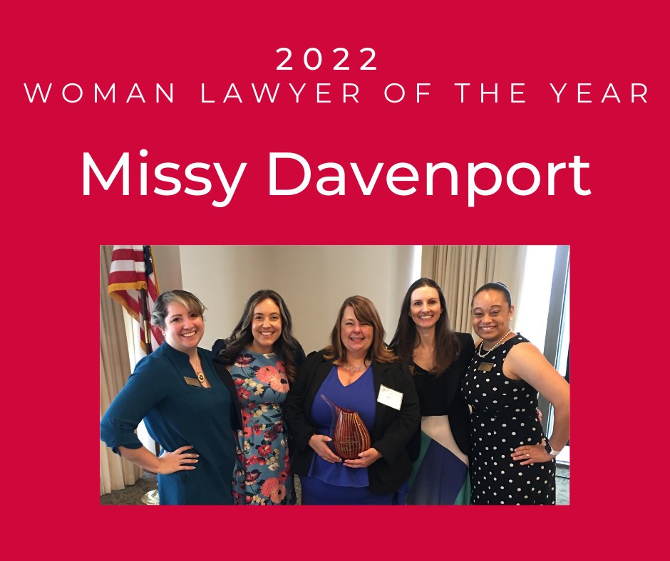 JWLAtweets's tweet photo. Congratulations to JWLA's 2022 Woman Lawyer of the Year Missy Davenport!  Missy exemplifies the qualities of a positive role model and is someone who has inspired and motivated many of us.  JWLA is so honored to present the 2022 Woman Lawyer of the Year Award to Missy Davenport! https://t.co/WUgHyxu5KS