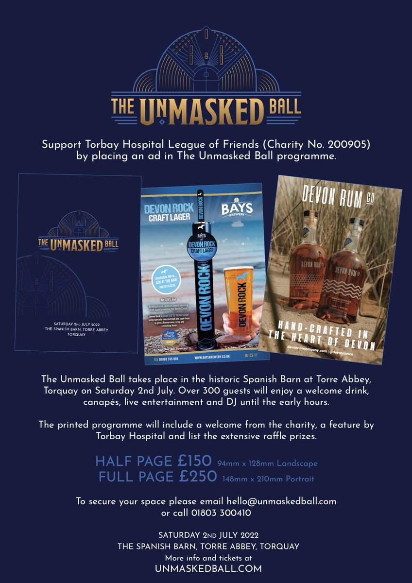 dotprintuk's tweet photo. Show your support for Torbay Hospital League of Friends by placing an ad in @theunmaskedball programme. 

DM to find out more.👩🏻‍💻

Tickets: https://t.co/X9vhJMUr2B 🎟

@TorbaySDevonNHS @thlof https://t.co/AwuSmu48hw