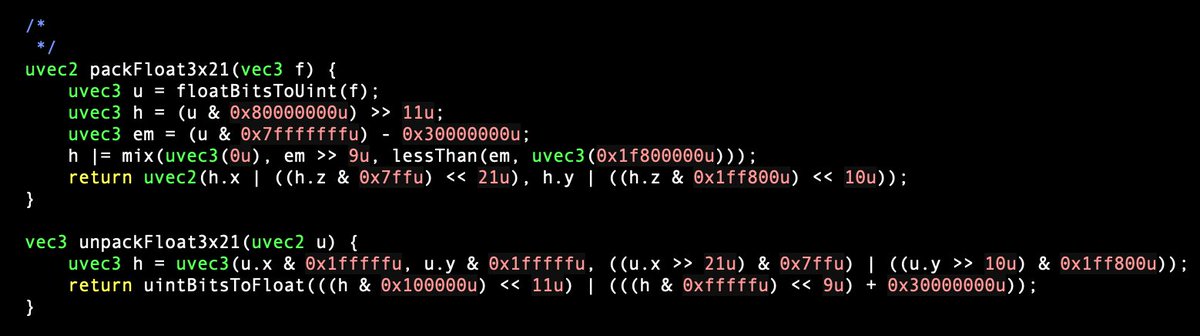 frustum's tweet photo. We are using 21-bit floats for RGB FFT. That gives much better precision than 16-bit and saves memory bandwidth because all six channels can be packed into a single RGBAf32 texture. https://t.co/PylQR2bbDU