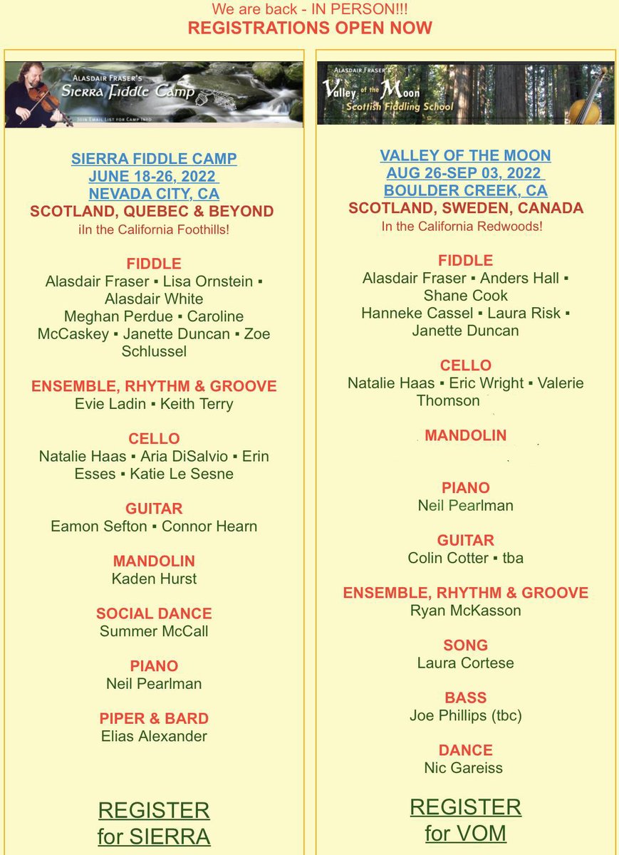 alasdairfraser's tweet photo. Here we go: back in person….!
#valleyofthemoon #sierrafiddlecamp
Register at:
https://t.co/3oVHjDKRHF
More staff to be announced...
🎶🎻🕺🎹🎸🤪🎉🥳 https://t.co/OTzWK8E2MS