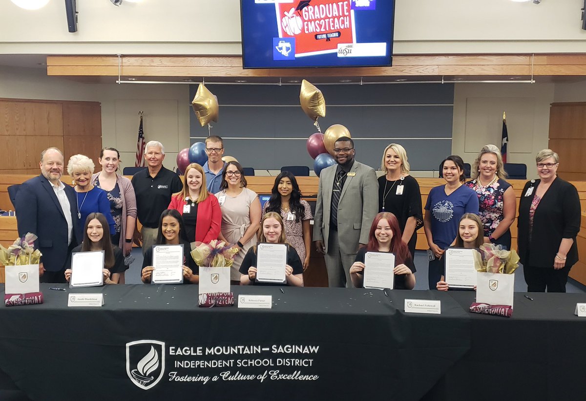 HCTCeducation's tweet photo. @EMSISD Future Educator Signing Day for @HCTCeducation Sr Practicum Interns. We are proud and can’t wait to see their bright futures! @EMSISD_CTE @emsisdhr #hctcallin @PracticumWBL #EMS2Teach @TCU @TarletonState @TCCollege @WichitaState @boswellhs @ChisholmTrailHS @saginawhstx https://t.co/wsAo5P6oo4