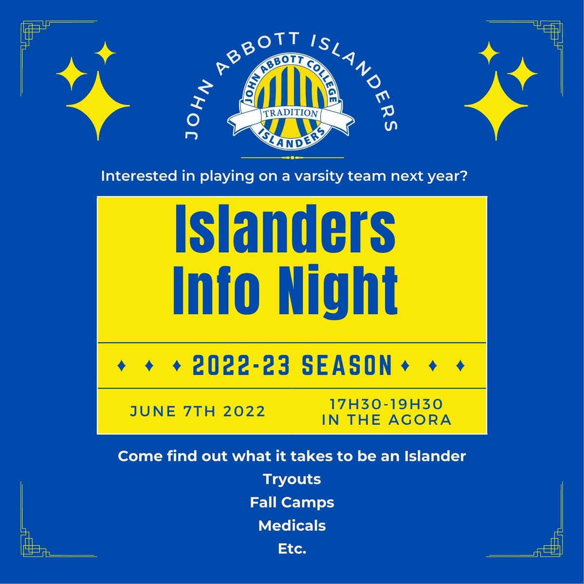 Planning on becoming an Islander? Stop by on June 7th and get all the info you need
#futureIslander @jacwhockey @jac_wbb @jacmbb @jac_baseball @wvbislanders <a href="/jacfootball/">John Abbott Football</a>  @ashrafgiraffe @instasujac @johnabbottstudents