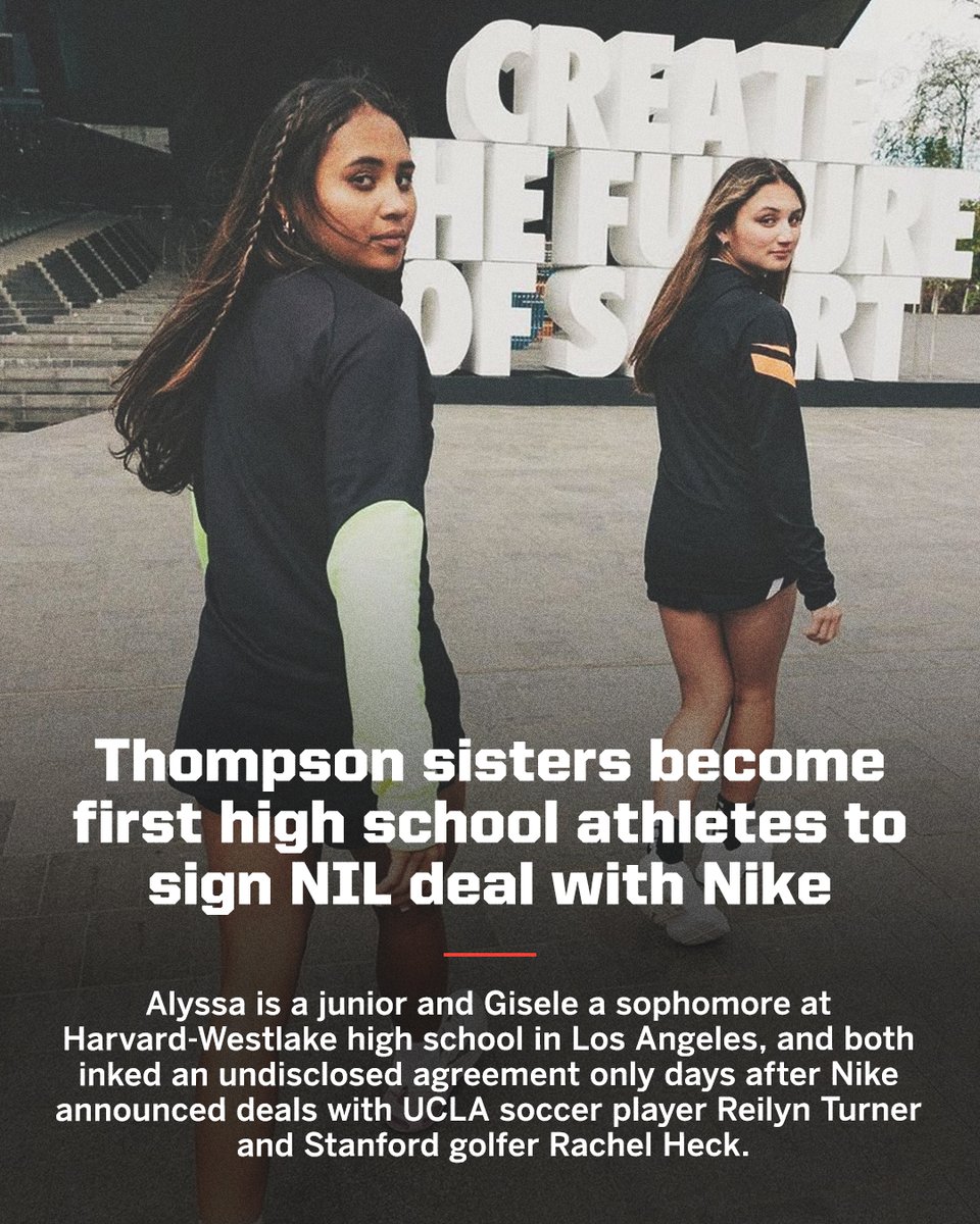 espn's tweet photo. The first two high school athletes to sign an NIL deal with Nike: Alyssa and Gisele Thompson 👏

More: https://t.co/LW5sfy3Jlx

(📸 alyssthomp, giselethomp/Instagram) https://t.co/xLHw2xAd0P