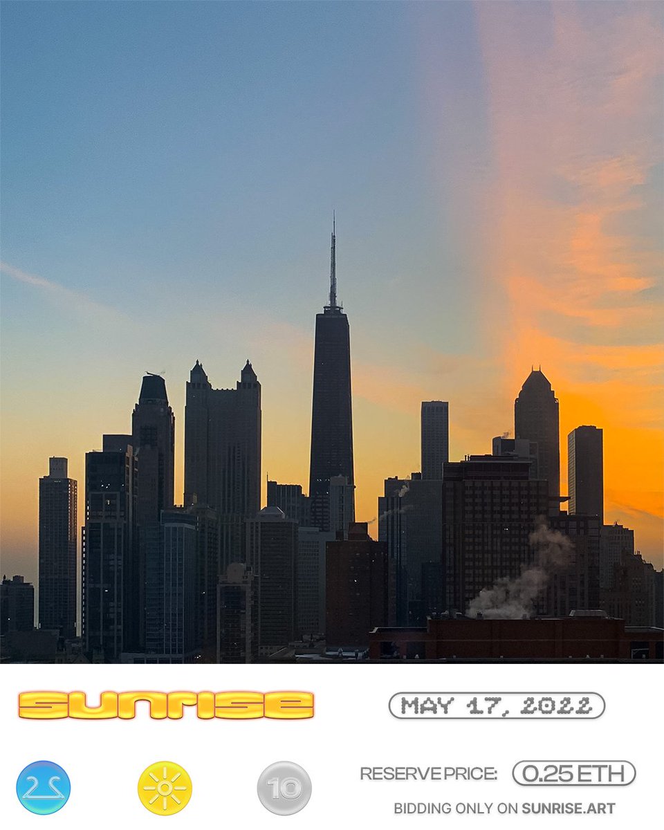 SunriseArtClub's tweet photo. May 17 π§‘β¨
Bid on https://t.co/2MMSyzQvdK
Reserve: 0.25 $ETH + gas
#SunriseArtClub #SunriseNFT #WeRiseBetterTogether #ilovesunriseart #chicago #sunrise https://t.co/9DMyWQtzIq