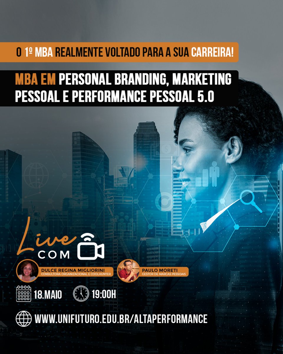 opaulomoreti's tweet photo. Convido você a estar comigo, Dulce Regina Migliorini e a Unifuturo na live para falarmos do mais novo MBA do mercado totalmente voltado para sua carreira. https://t.co/4c0XHgoMMs
