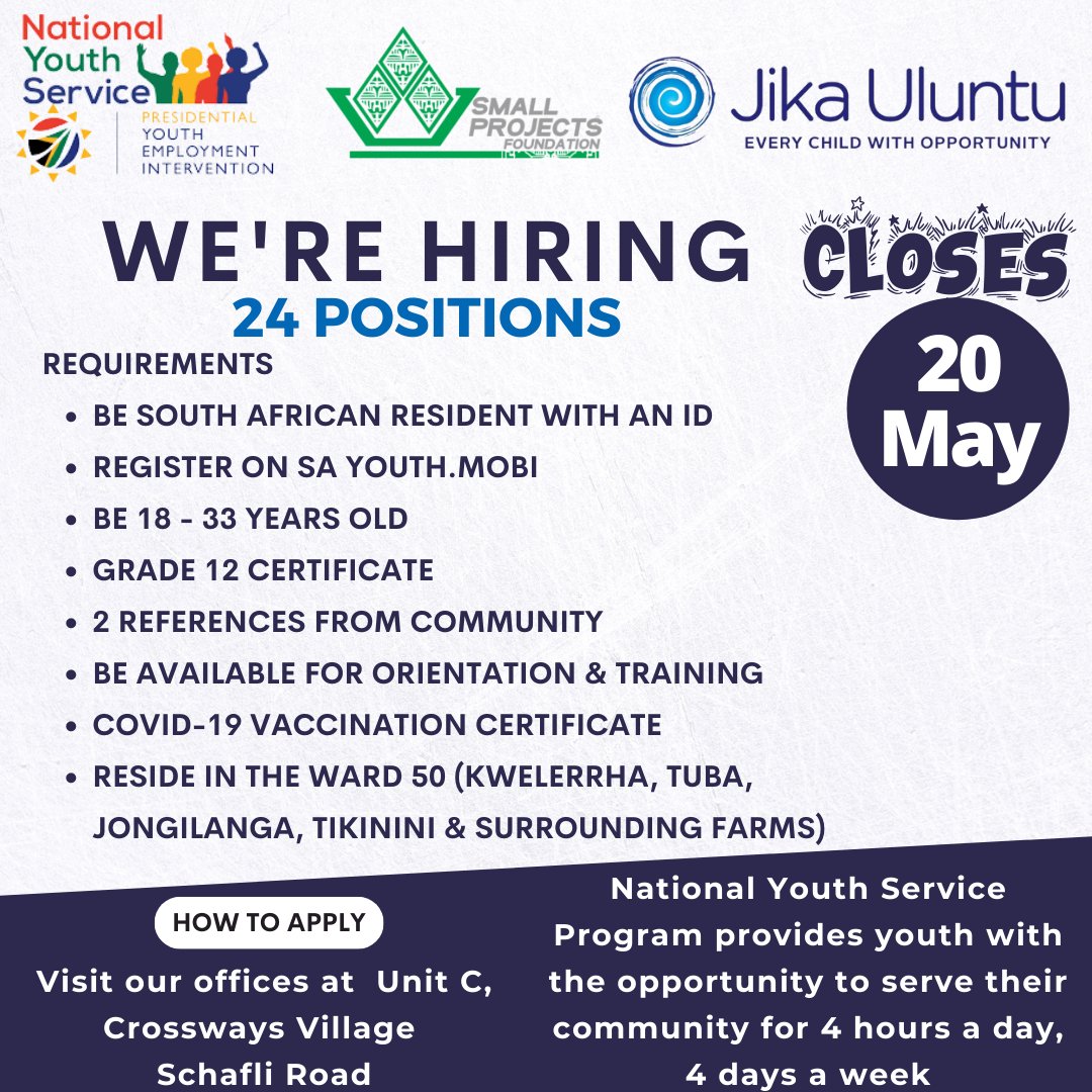 We are humbled to assist Small Projects Foundation in implementing the #NationalYouthService Programme which is part of the #PresidentialYouthEmploymentIntervention. It will provide 24 jobs, services to 4 848 people & skills to 240 youths in it's 6 month duration.