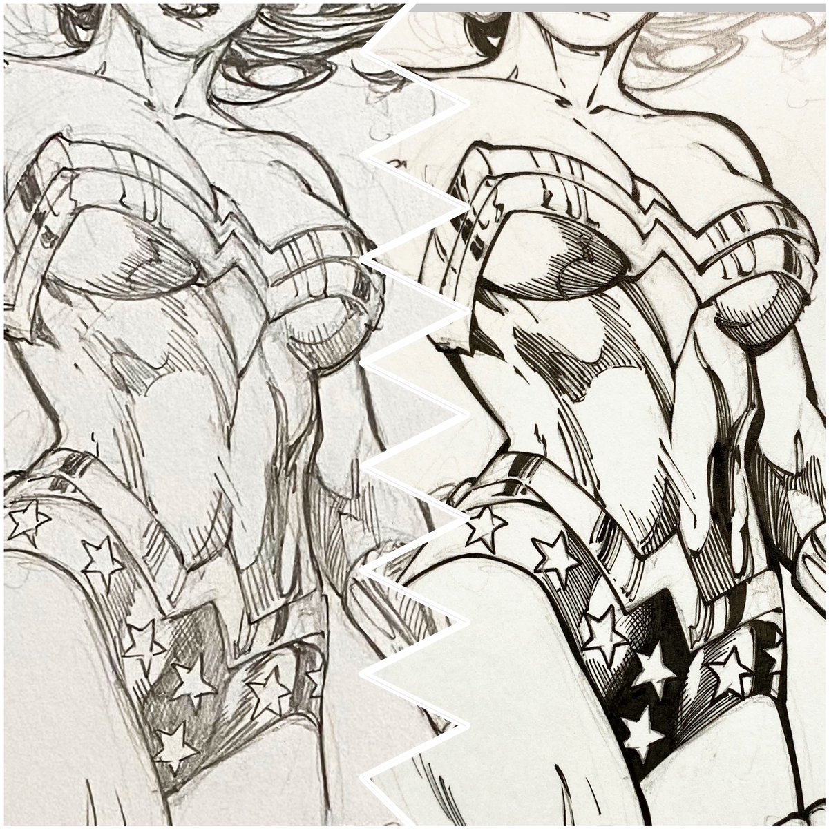 #Torso #Tuesday 
Is it a thing? 
Oh, please let it be a thing. 🙈 
Bats is working that new suit, isn’t he?! You go, Bruths!!!
#EdBenes ✏️ #SandraHope ✒️
#beforeandafter #WW #inks #comics #WonderWoman #art #oldschool #inkmonkey #Hope #inking #lowtech #skills #commissions #WIP