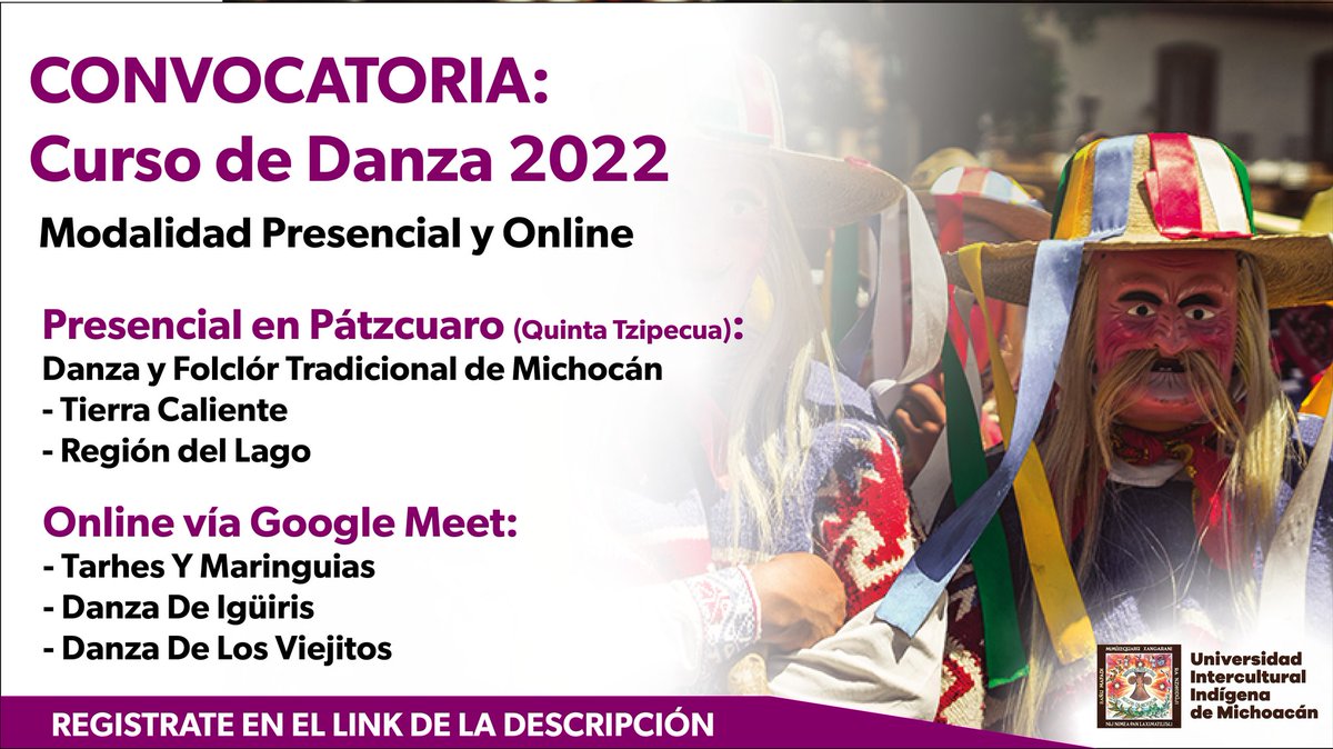 Los invitamos con mucho gusto al nuevo curso de danza, en esta ocasión se realizará en modalidad presencial en Pátzcuaro, en la Quinta Tzipecua, todos los miércoles de 3:00 p.m. a 5:00 p.m., donde vamos a iniciar el miércoles 25 de mayo.
Link de registro: forms.gle/SZvDpi5zLGNf6b…