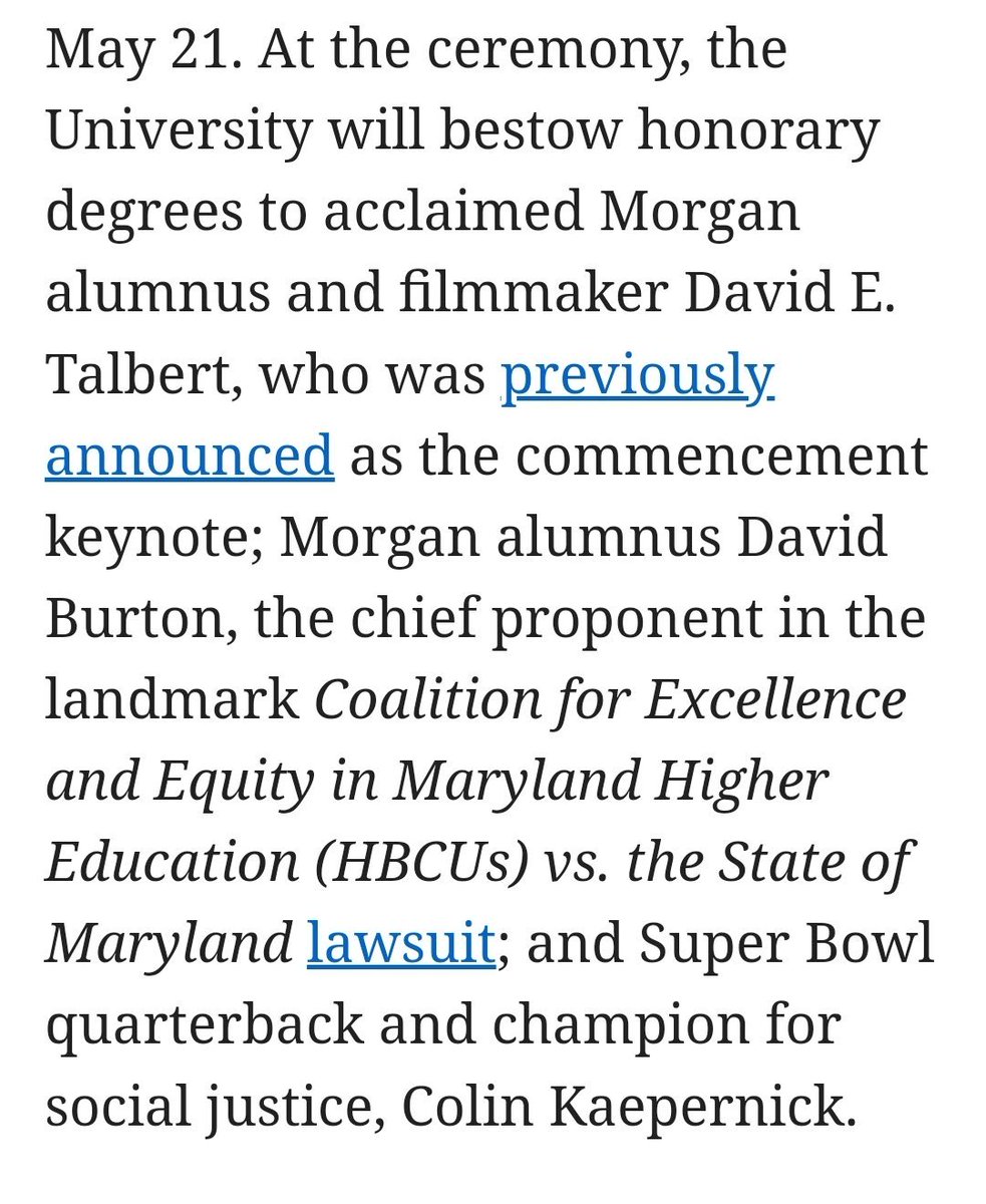 NicholsUprising's tweet photo. Morgan State will award an honorary degree to @Kaepernick7.
Deserved honor for a great athlete and a visionary activist who gave more than most to stand — and kneel — for racial justice. https://t.co/97uN3v4U1V