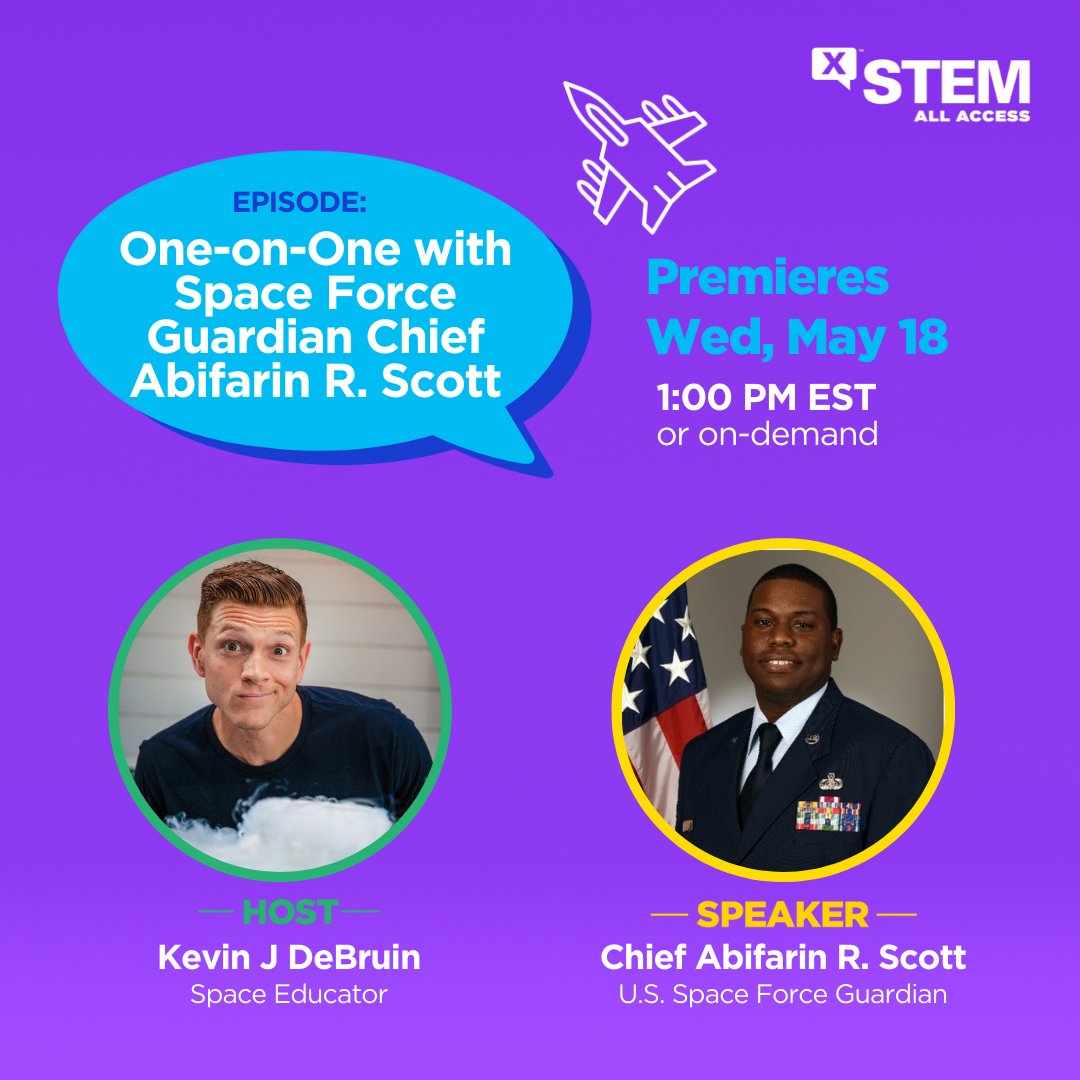 USAScienceFest's tweet photo. Join us tomorrow for #XSTEM All Access episode One-on-One with Space Force Guardian Chief Abifarin R. Scott! Learn about Chief Scott's work with space satellite systems and how this technology impacts our daily lives.

https://t.co/gRGLCKvlHe https://t.co/WrabGoWFOy