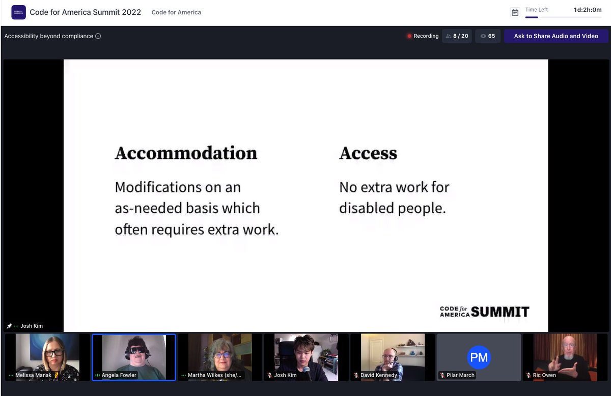 Excellent panel advocating for accessibility beyond compliance by <a href="/AdHocTeam/">Ad Hoc Team</a> and others. #CfASummit
✅Check your ability bias
✅Recruit disabled participants in your research
✅Hire disabled people (and make application and onboarding accessible!)
✅Accessibility first
