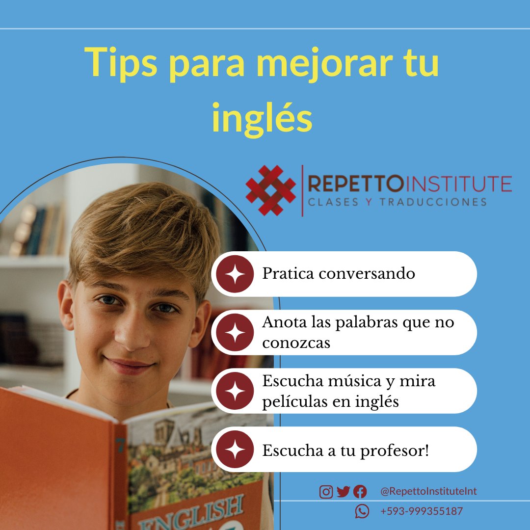 RepettoInst's tweet photo. Una pregunta frecuente es ¿Cómo puedo mejorar mi inglés? La respuesta no siempre está en los libros, sino, en el día a día!.
Contáctanos, reserva tu clase y ábrete las puertas a un mundo más grande! ✈🗽📚

¡Te cambiaremos la vida!

Link en bio
 #englishteacher #englishtips #ingl https://t.co/MpdudVyGLC