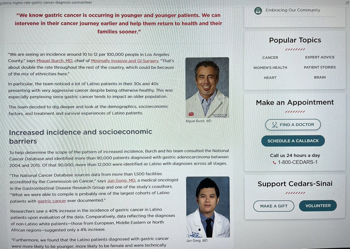 @CedarsSinai blog recently covered @BurchGISurg important work in #gastriccancer racial disparities in #Latino patients cedars-sinai.org/blog/latino-hi… more work needed to understand this paradox of higher rates #stcsm diagnoses and survival in this population @CSCancerCare @GenSurg_CS