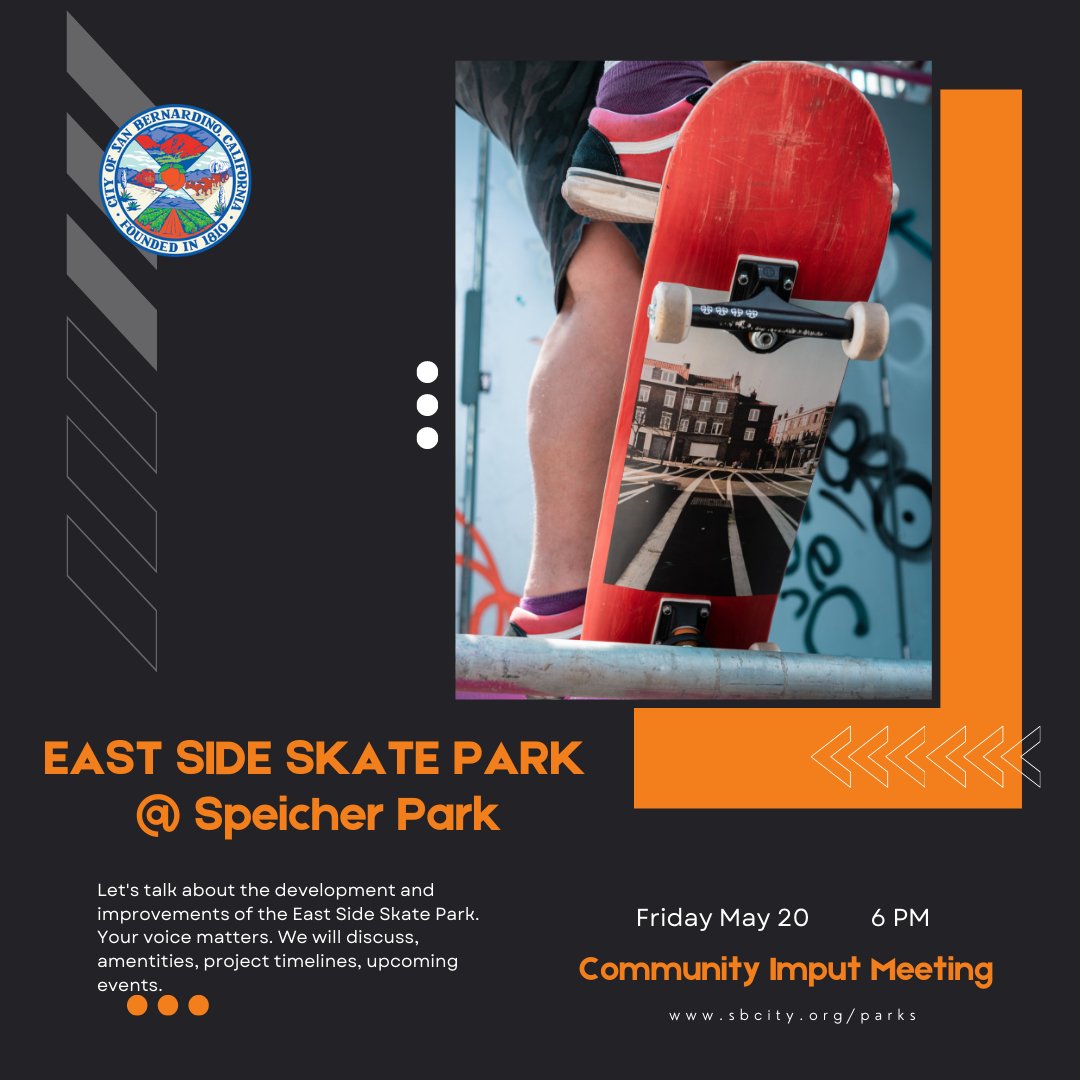 Let's talk about the EAST SIDE Skate Park @ Speicher Park!

Come share your voice at the Community Input Meeting 
Friday, May 20, 2022 at 6:00 pm