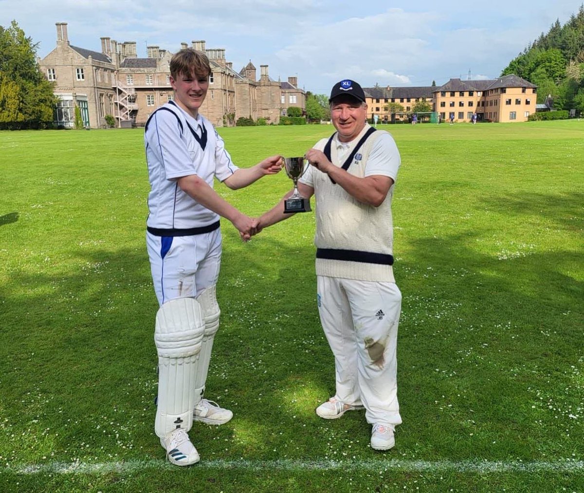 StrathallanSchl's tweet photo. What a game 🏏💥🚀

It was brilliant to welcome @thefortyclub back to Forgandenny today 🤝

Our @strath_sport 1st XI won by 4 wickets with captain Archie R scoring 84* to win the 🏆👏

#BlueandGold #StrathSport https://t.co/OvzWd4ztXG