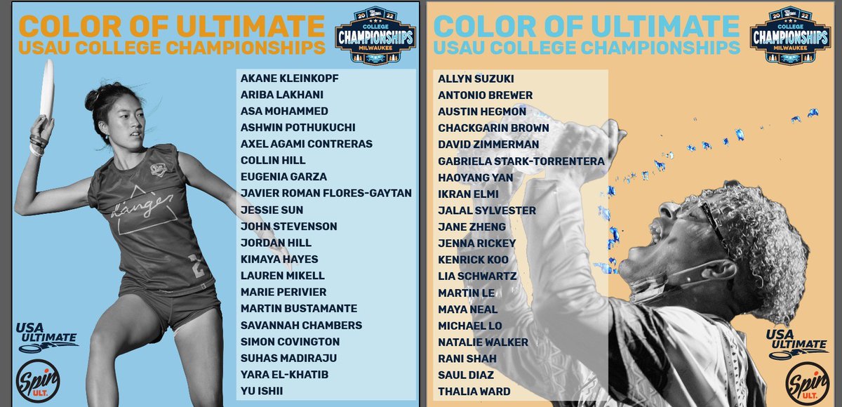 🔥 The rosters for the <a href="/ColorofUltimate/">Color of Ultimate</a> exhibition at the 2022 #USAUltimate #USAUCollegeChamps are set! 🔥 Mark your 🗓️ for 11:00 a.m. CT, Monday, May 30 🇺🇸.