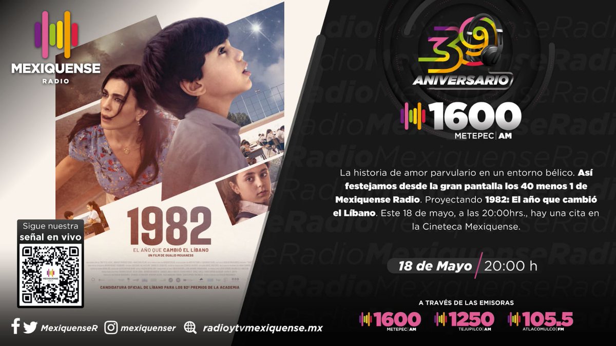 MexiquenseR's tweet photo. Mañana es día de fiesta por los #39AñosAlAire📡 y para disfrutar a lo grande presentaremos en la @CinetecaEdomex📽️ la película "1982 El Año que cambió el Líbano", no te pierdas esta función especial y las sorpresas que tenemos para ti.
#39MexiquenseR📻 https://t.co/tGK2kPq48z