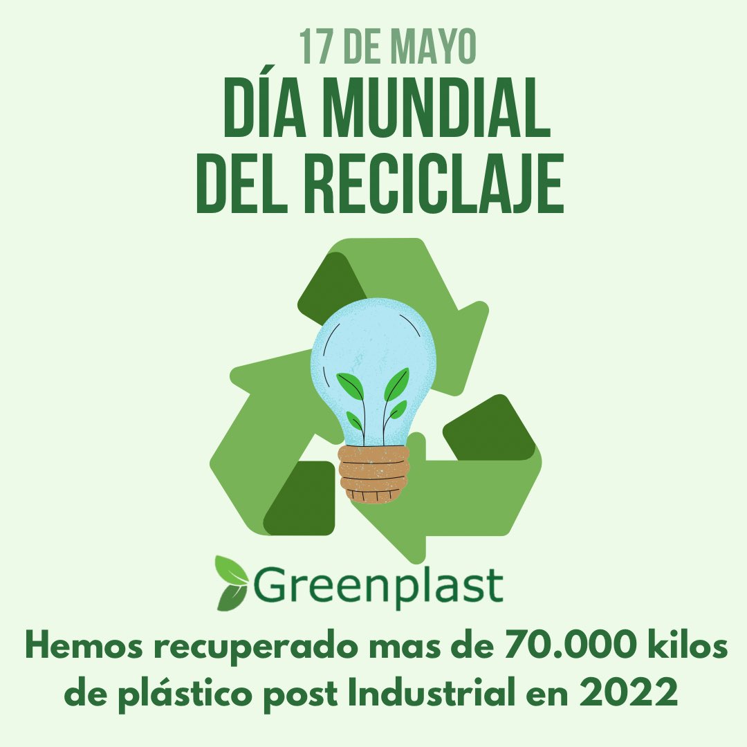 greenplastcol's tweet photo. 17 de Mayo #DiaMundialDelReciclaje ♻️
.
En @greenplastcol hemos recuperado más de 70.000 kilos de plástico pos Industrial en lo que va corrido de 2022
.
Seguimos comprometidos con el medio ambiente! 🌳♻️🪴 https://t.co/kDLmgeJgR9