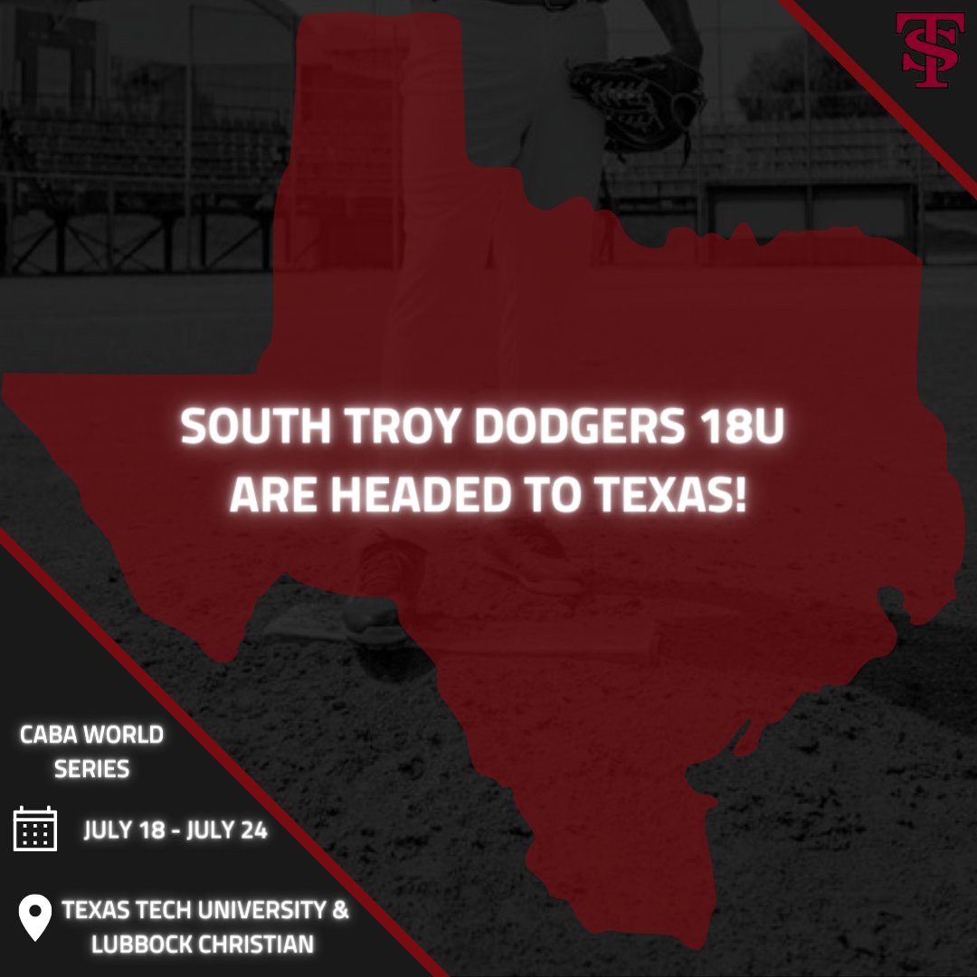 The South Troy Dodgers are headed to Texas! Our 18U team will play in the invite-only CABA World Series on July 18. The tournament is hosted by <a href="/TTU_Baseball/">Texas Tech Baseball</a>  and <a href="/LCU_Baseball/">LCU Baseball</a>.

We are excited to compete among top programs from across the country! #Baseball #Texas #WorldSeries